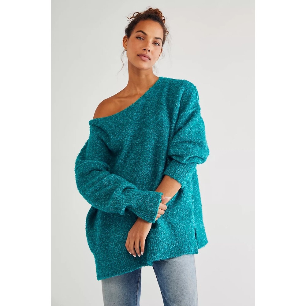 Free People Through The Motion Oversized Teal Boucle Knit Pullover Sweater Small